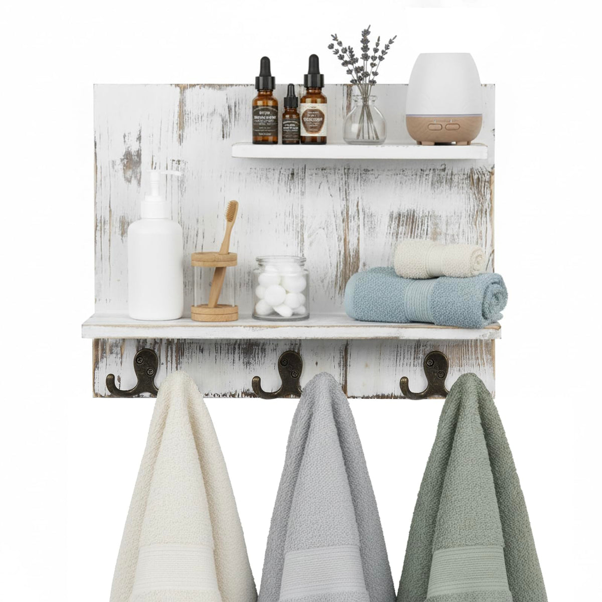2 Tier White Washed Solid Wood Bathroom Storage Shelves with 6 Hooks Z77612