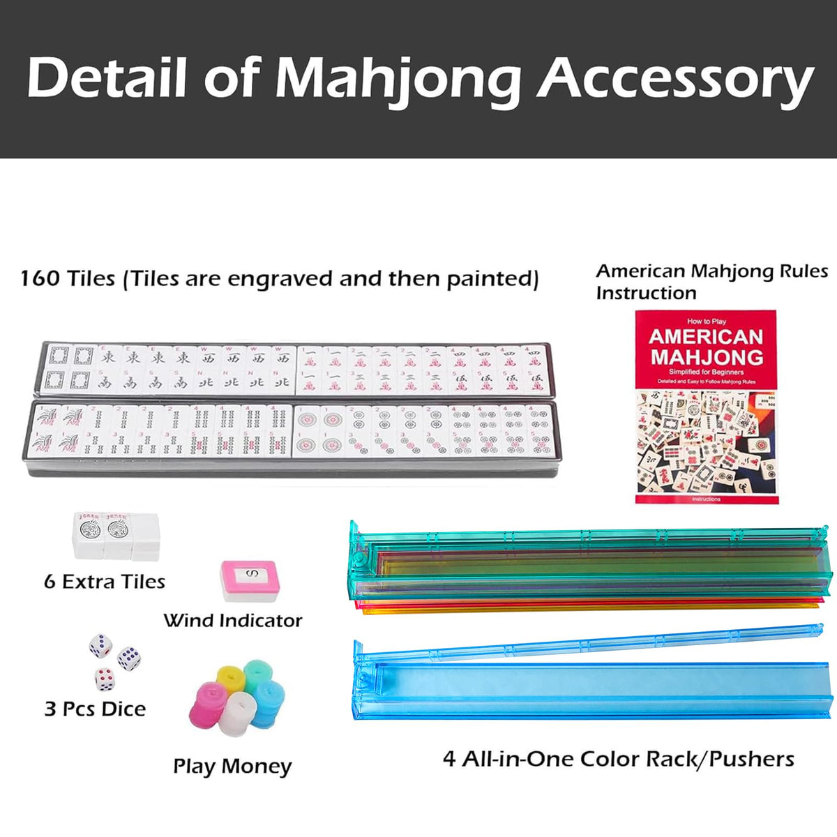 American Mahjong Game Set, 166 White Tiles, 4 Color Rack/Pushers, Blue Carrying Bag Y5454