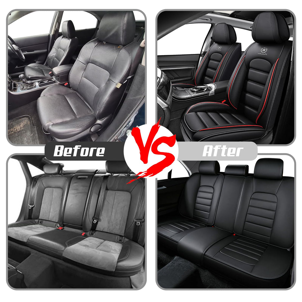 Waterproof Nappa Leather Full Coverage Car Seat Covers Full Set Black Red Q7759