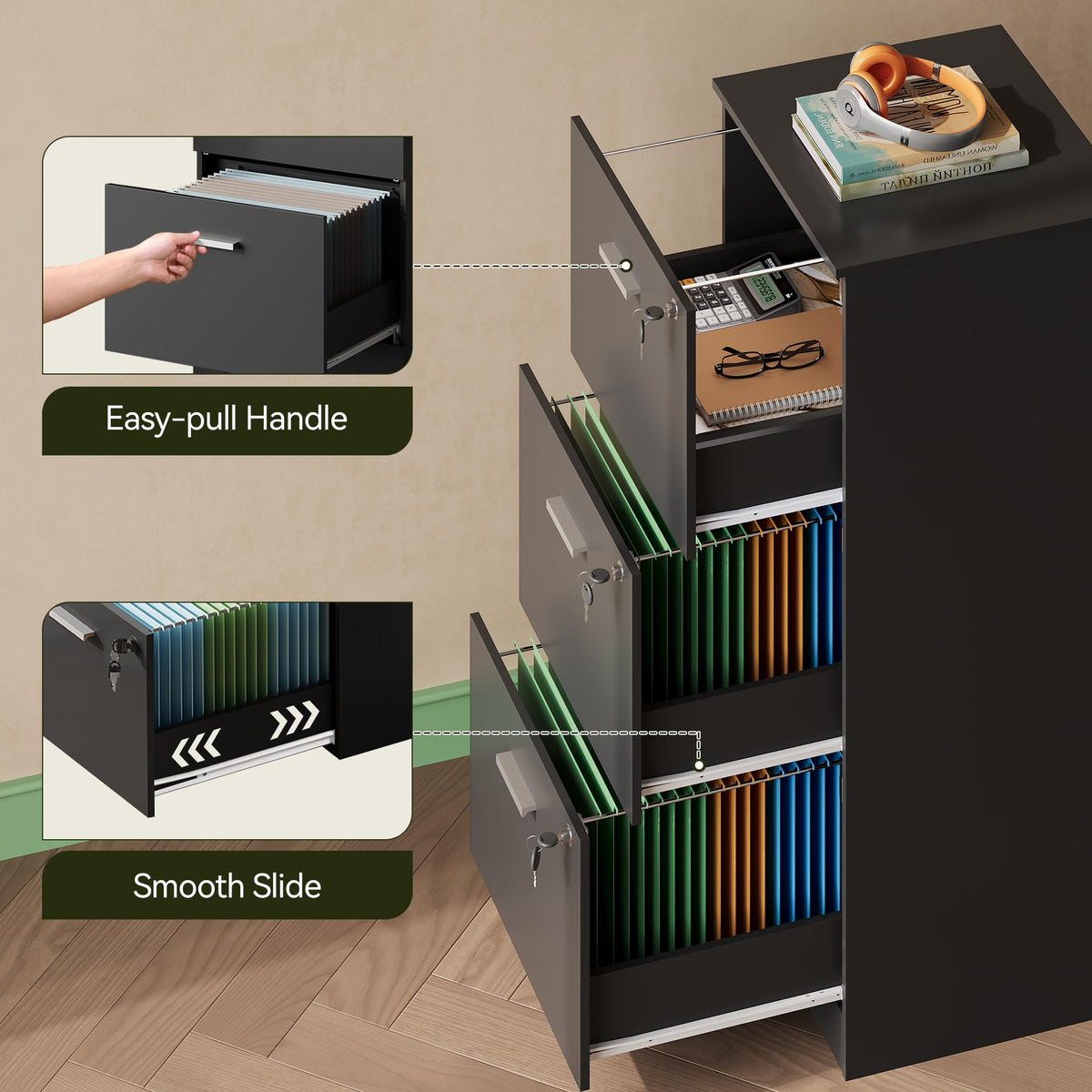 3 Drawer Wood File Cabinet with Lock I37596
