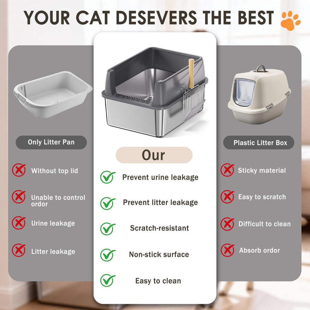 Stainless Steel High Sided Litter Box with Scoop O813824