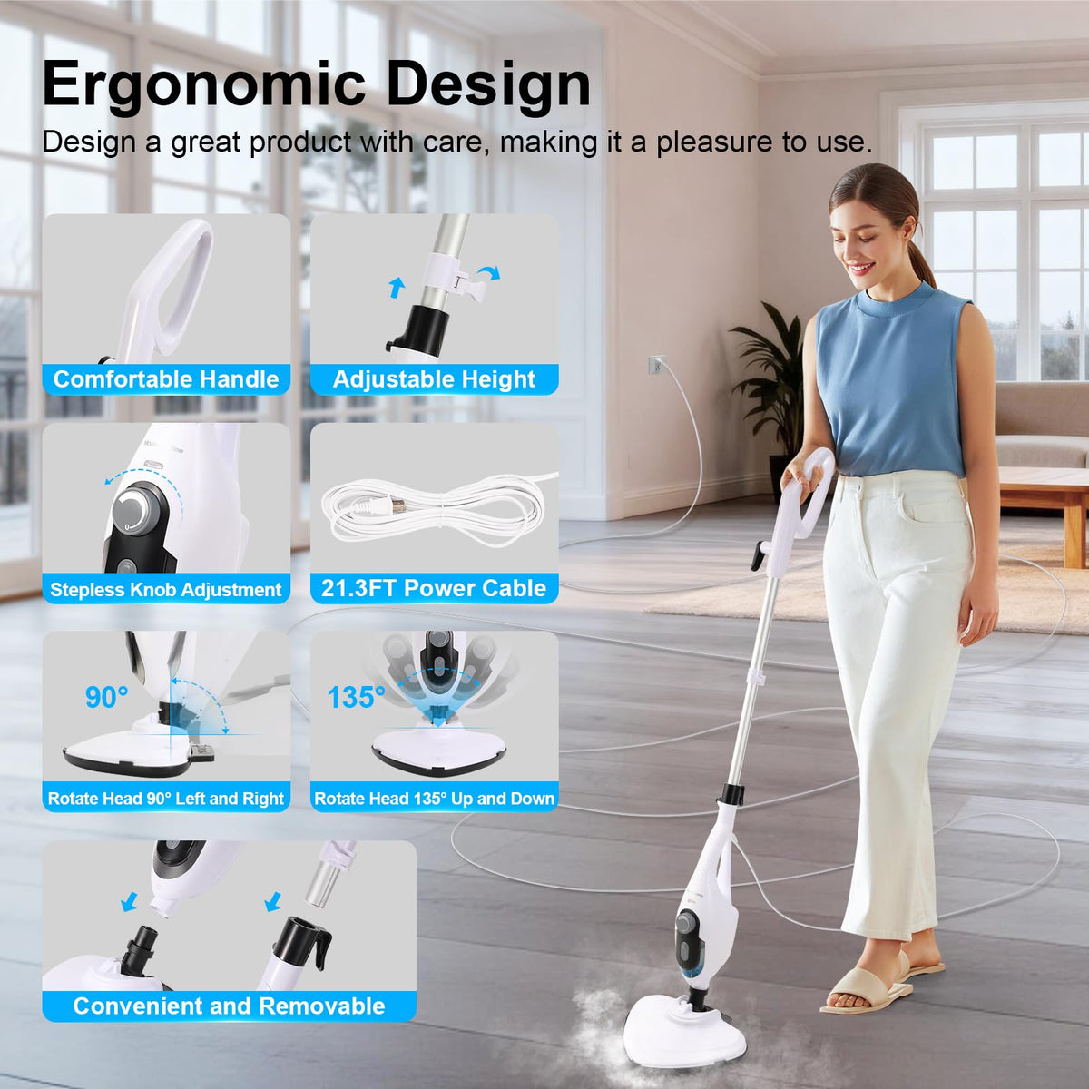 1550W 11-in-1 Steam Mop with 21.3FT Cord, White Z969482
