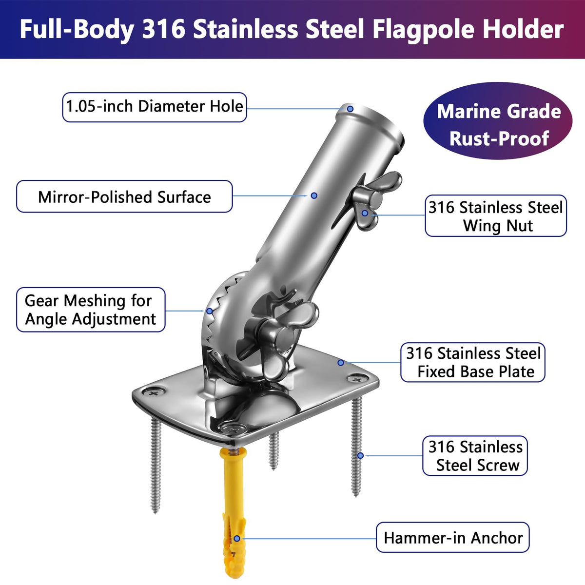 316 Stainless Steel Flag Pole Holder Bracket with Drain Hole, 1" A219674