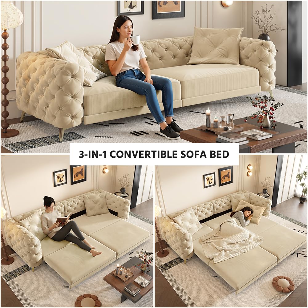 98" King Size Velvet Convertible Sofa Bed with Ottoman G784