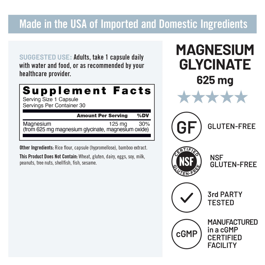 Magnesium Glycinate 625 mg Vegan 30 Capsules T8573