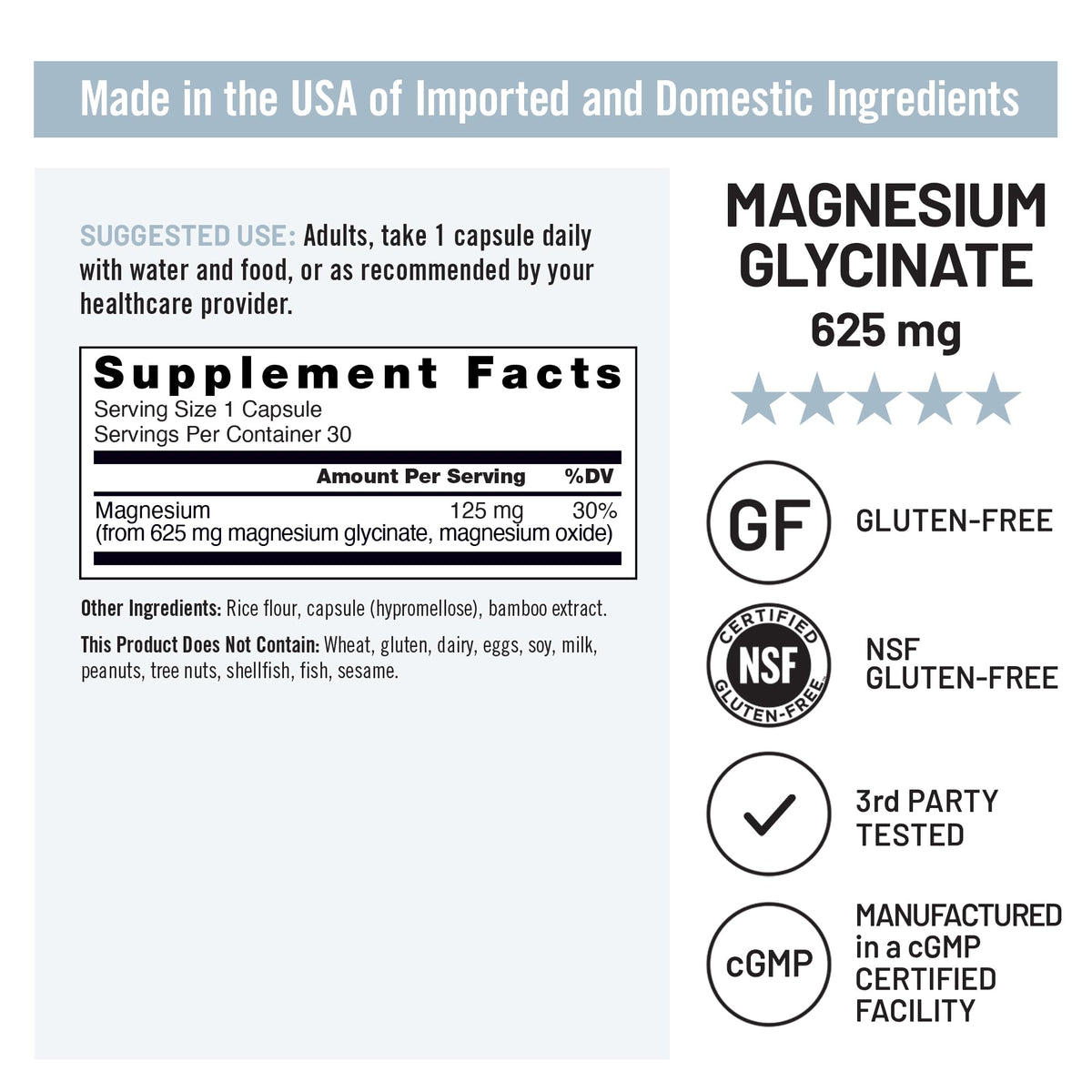 Magnesium Glycinate 625 mg Vegan 30 Capsules T8573