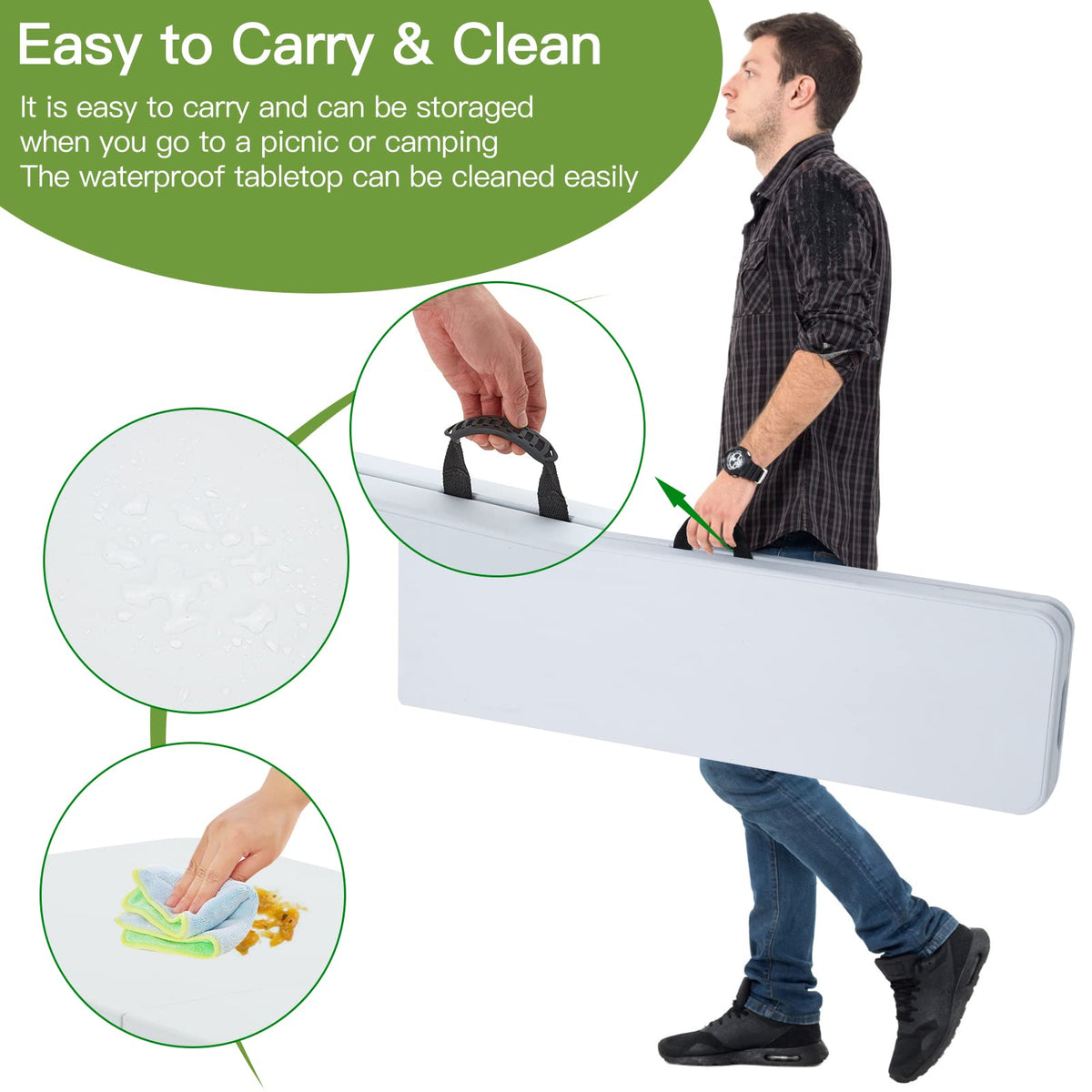 6FT White Plastic Folding Table with Carrying Handle S3430
