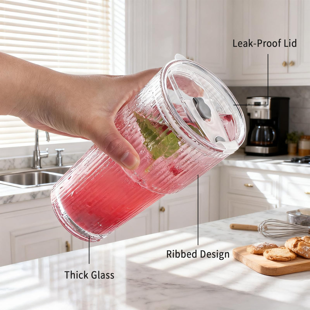 20oz Ribbed Glass Tumbler Set with Lids and Straws, 2 Pack E106