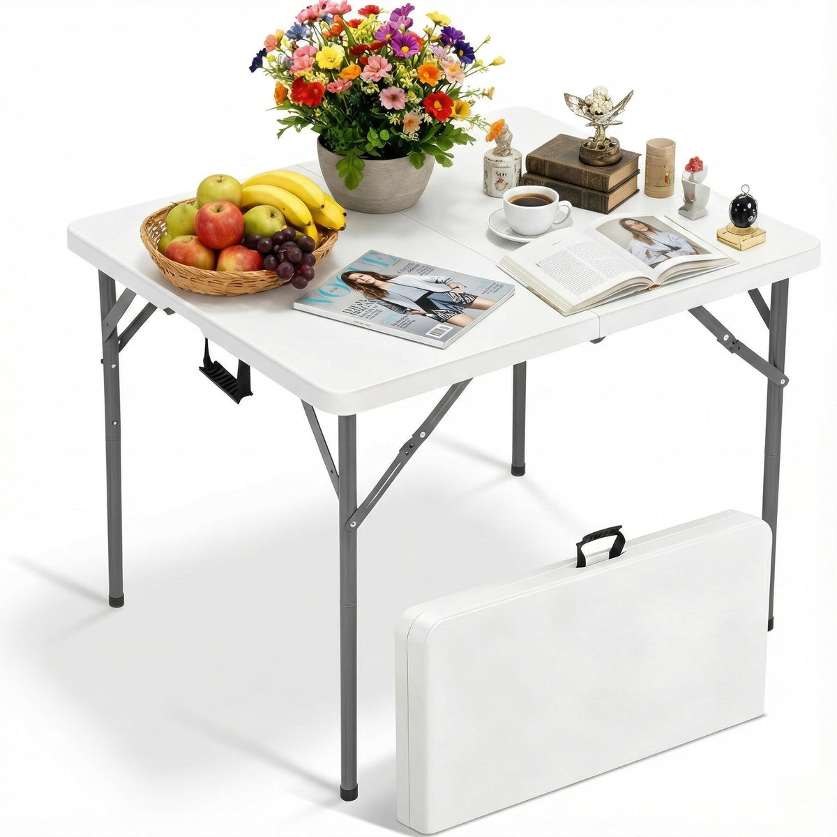 34" Folding Card Table Heavy Duty Plastic Square Table with Handle and Lock C8000