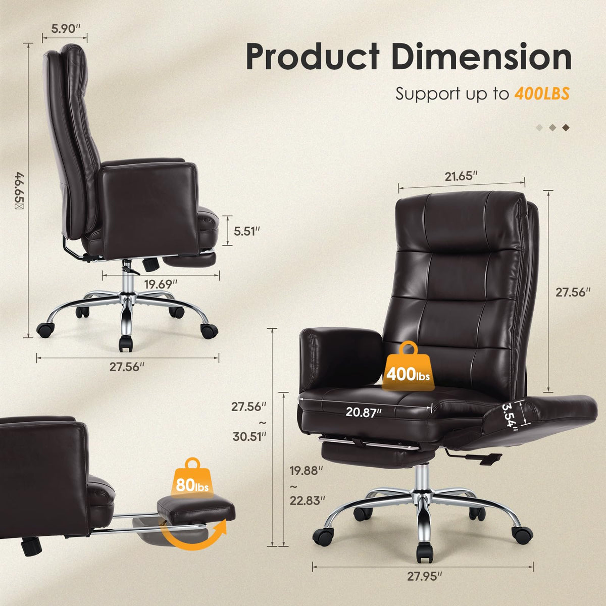 Big and Tall Ergonomic Office Chair with Foot Rest, Brown B142228