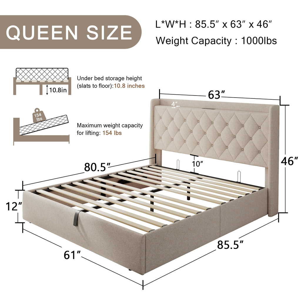 Queen Size Lift Up Storage Upholstered Bed Frame with Charging Station C13531