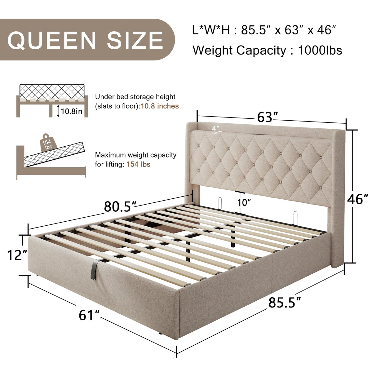 Queen Size Lift Up Storage Upholstered Bed Frame with Charging Station C13531