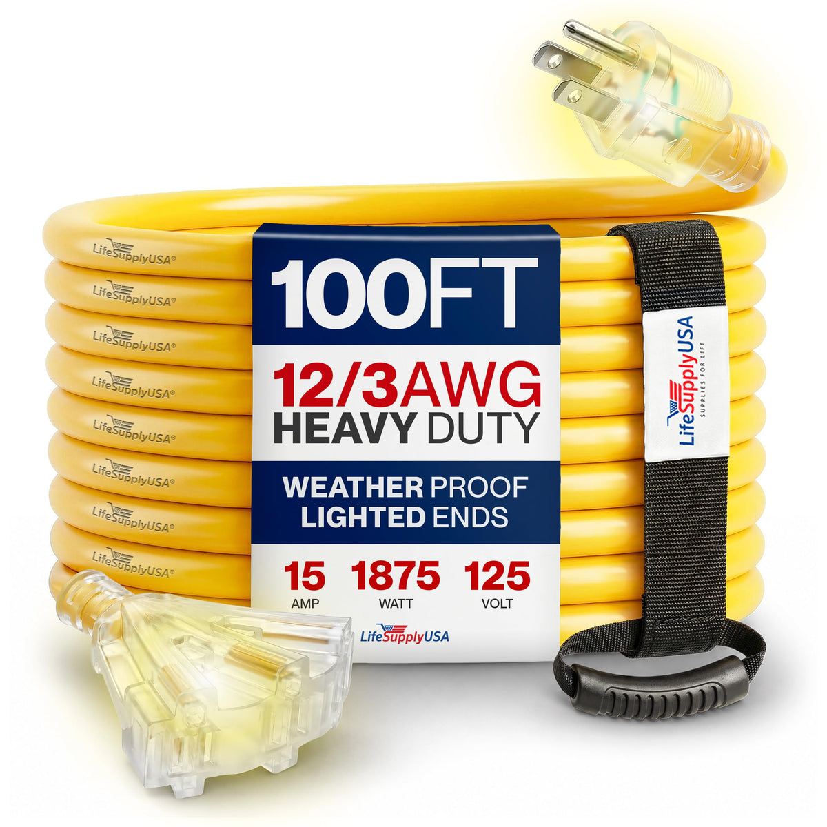 100ft 3-Outlet 12/3 Gauge Heavy Duty SJTW Extension Cord U243535