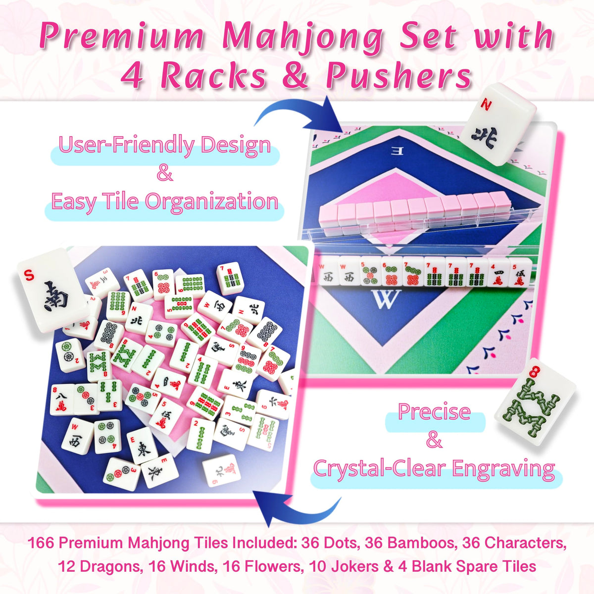 Pink Mahjong Game Set with 166 Tiles, Mat, 4 Racks and Bag U9497