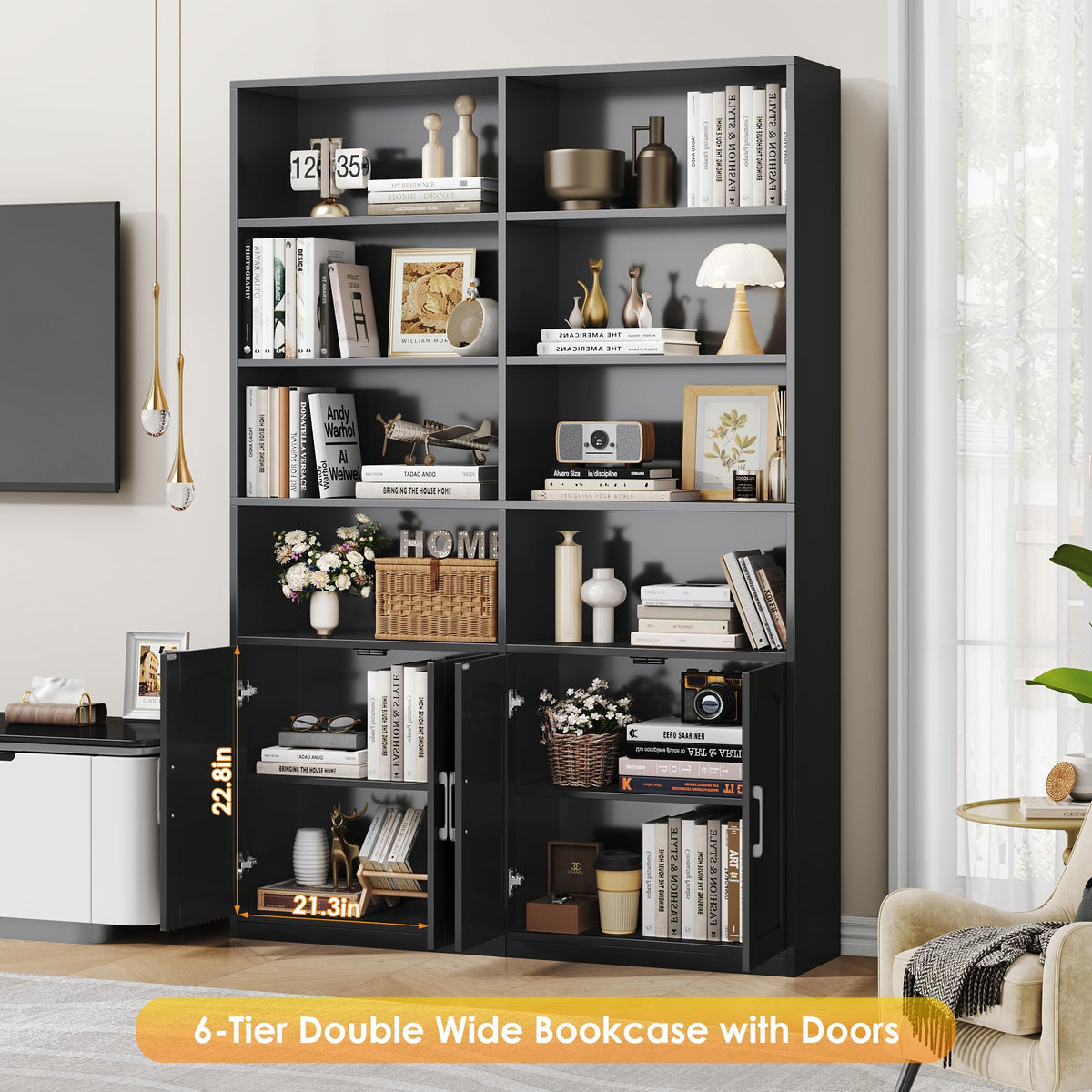 Double Wide Bookshelf and Bookcase with Doors O49485