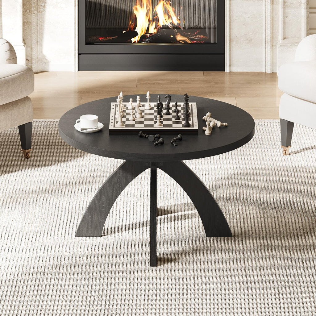 31.5" Round Wood Coffee Table with Cross Legs, Black S996616