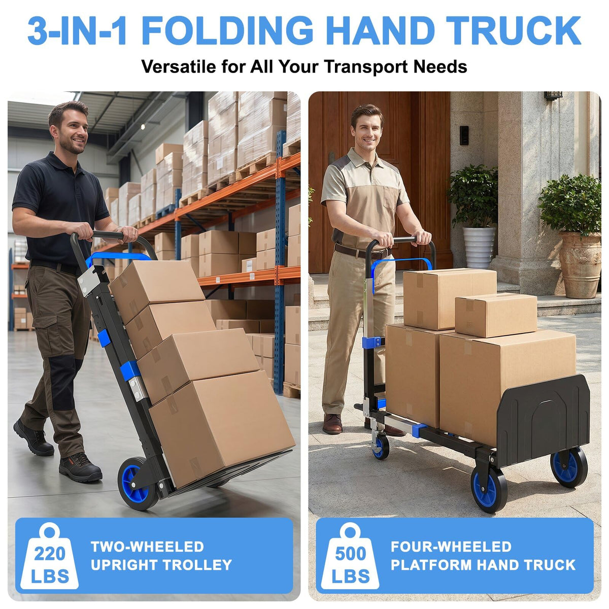3-in-1 Folding Heavy Duty Hand Truck Dolly Cart Trolley with Wheels (Blue) Z947