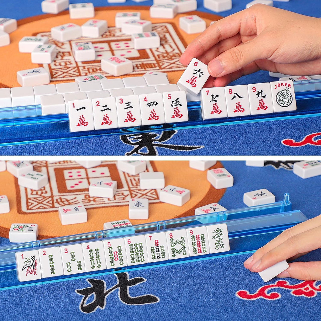 American Mahjong Game Set, 166 White Tiles, 4 Color Rack/Pushers, Blue Carrying Bag Y5454