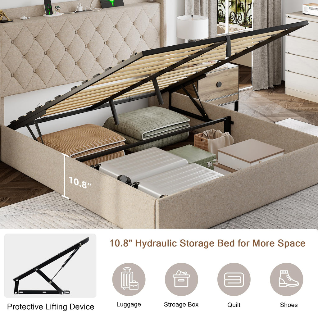 Queen Size Lift Up Storage Upholstered Bed Frame with Charging Station C13531