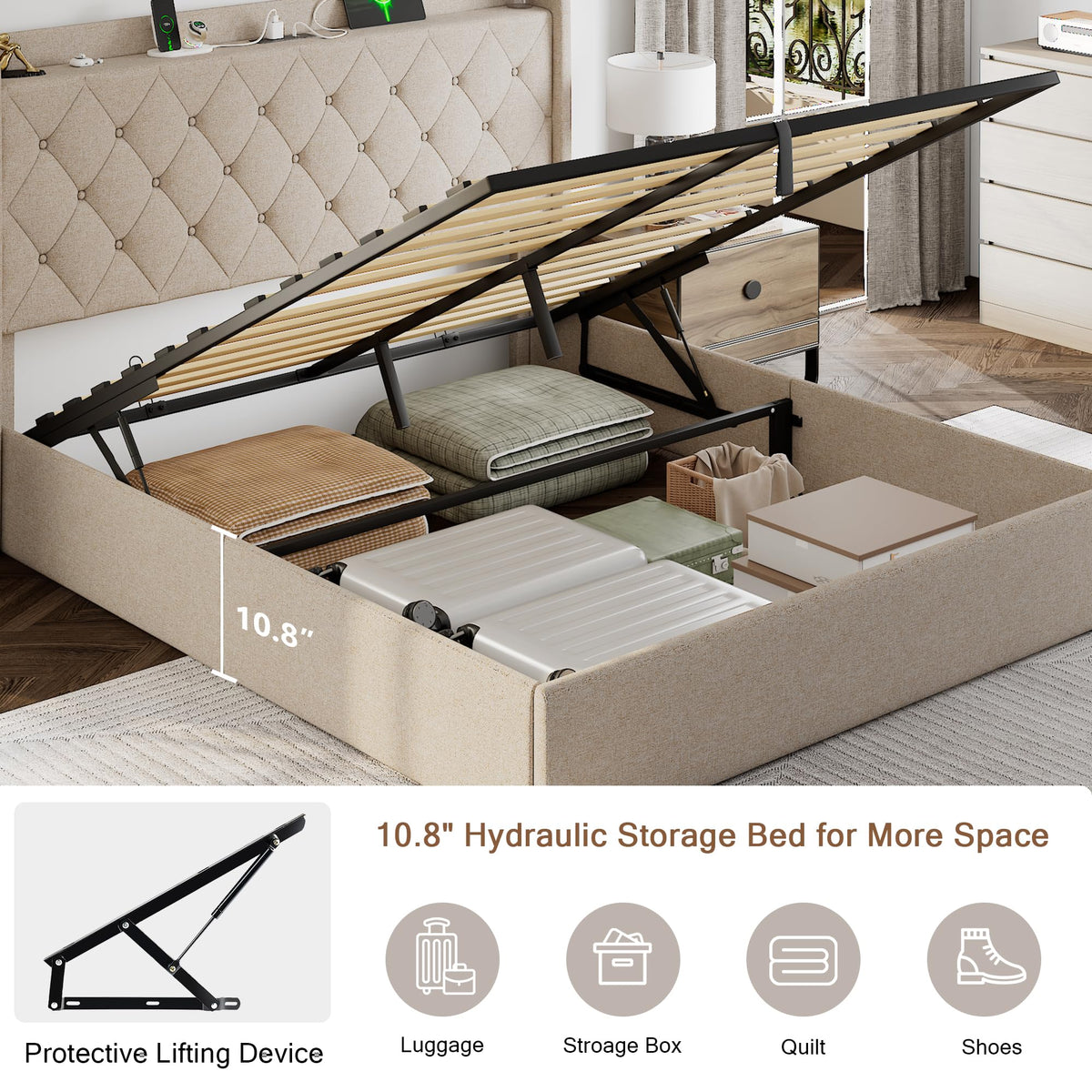 Queen Size Lift Up Storage Upholstered Bed Frame with Charging Station C13531
