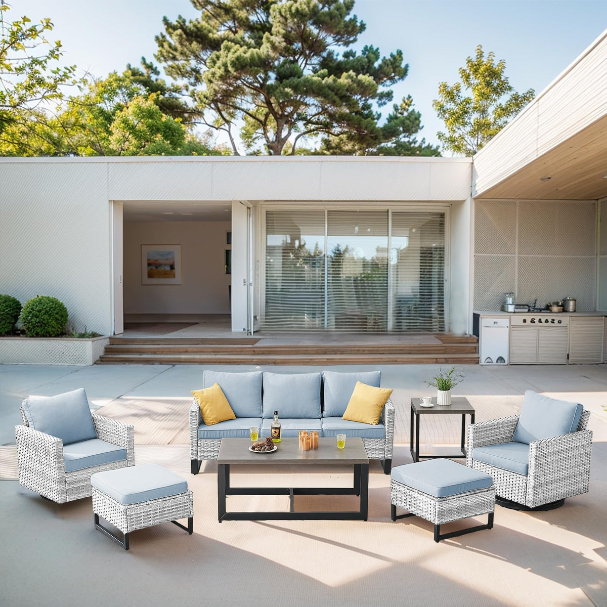7 Piece Wicker Patio Sofa Set with Swivel Rocker Chairs and Ottomans F605339