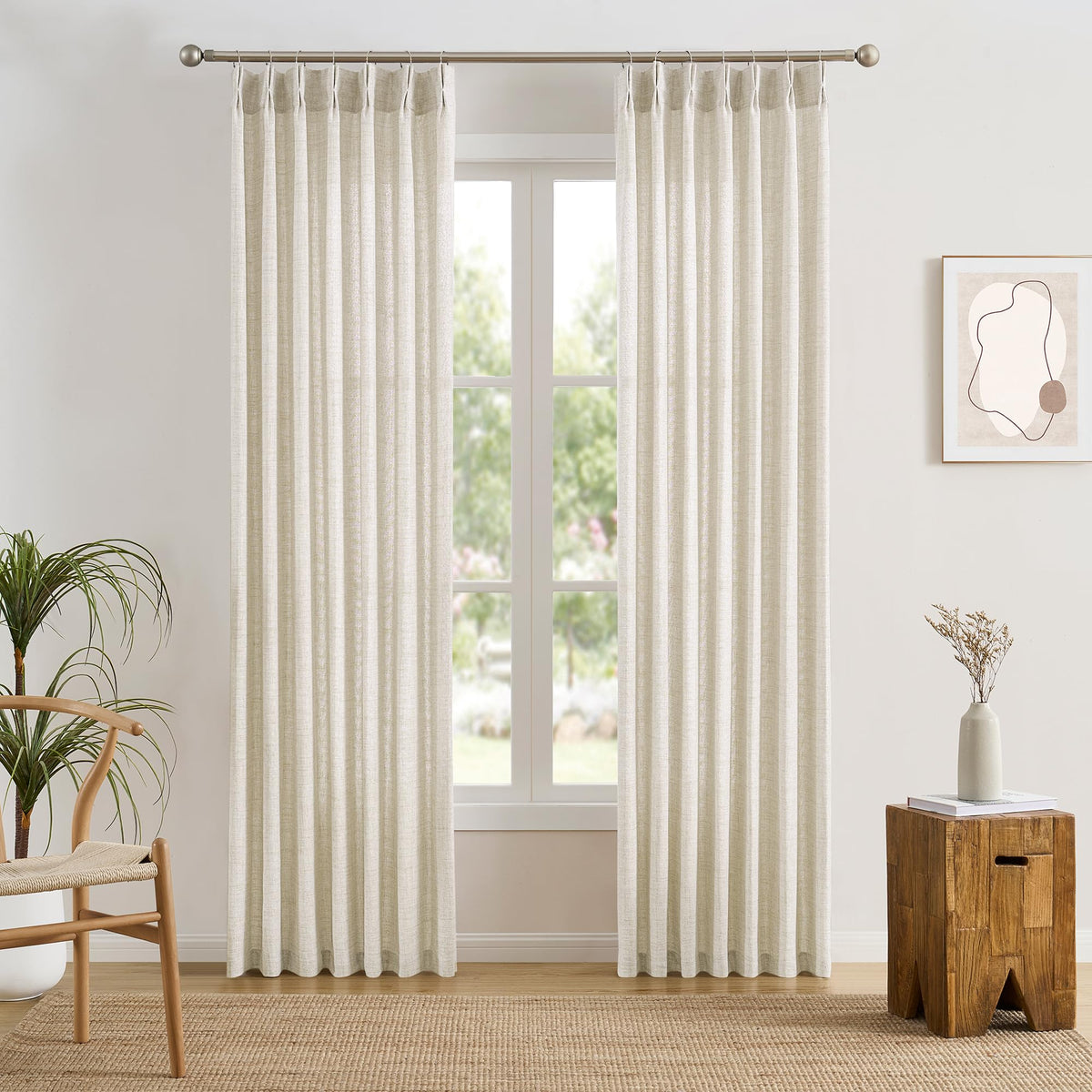 Pinch Pleated Sheer Curtains 140 Inches Long Cream Linen Textured Set of 2 D60606