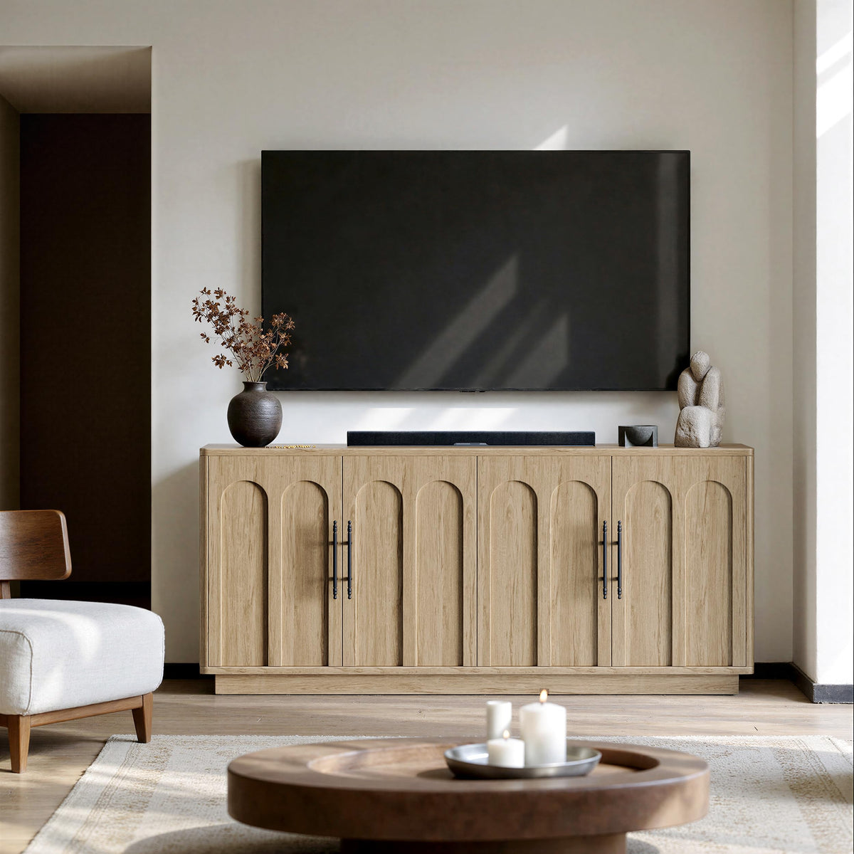 67" Arched Oak Sideboard Buffet Cabinet with Storage J83479