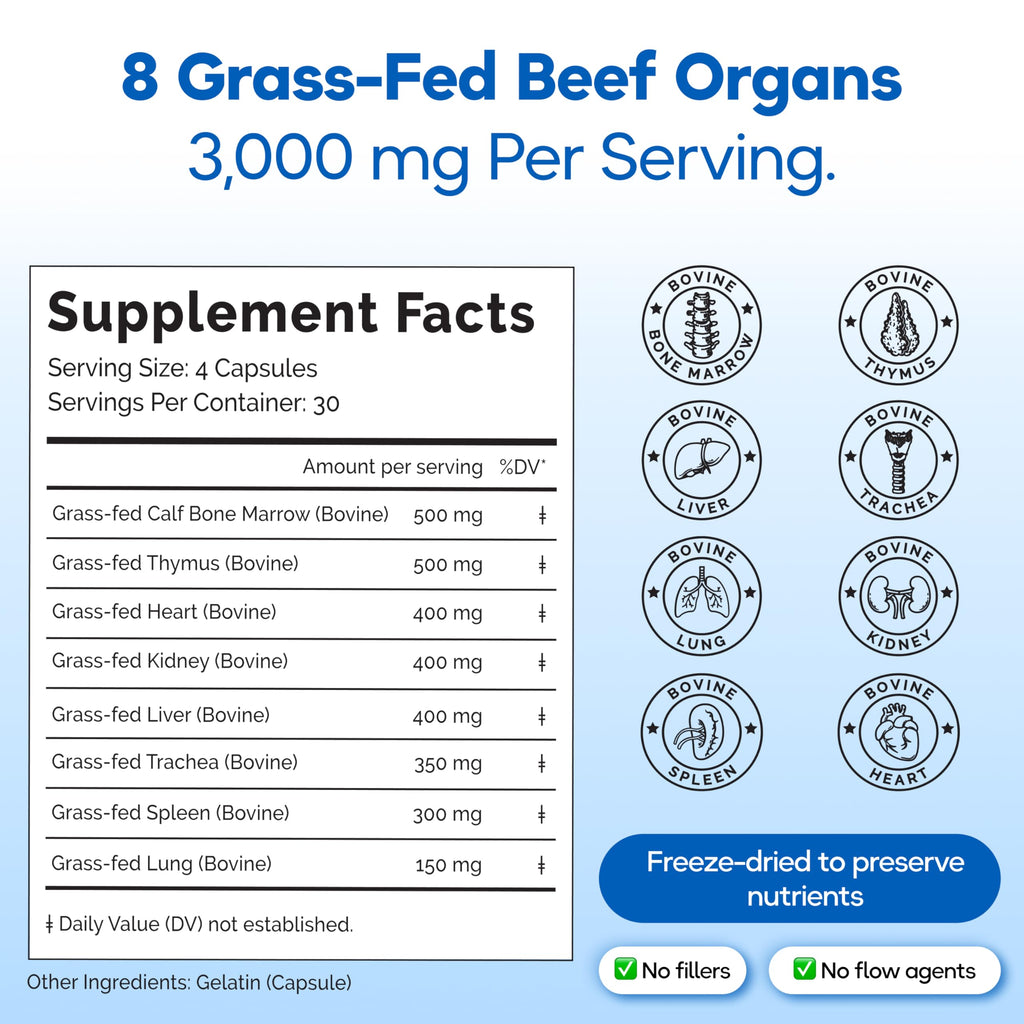 Grass Fed Beef Organ Supplement 3000mg 8 Organs 120 Capsules K357215