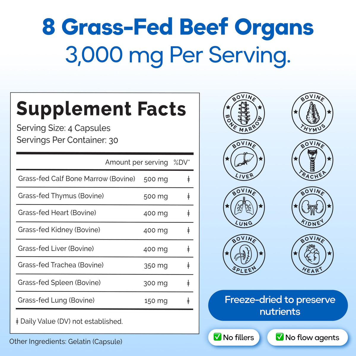 Grass Fed Beef Organ Supplement 3000mg 8 Organs 120 Capsules K357215