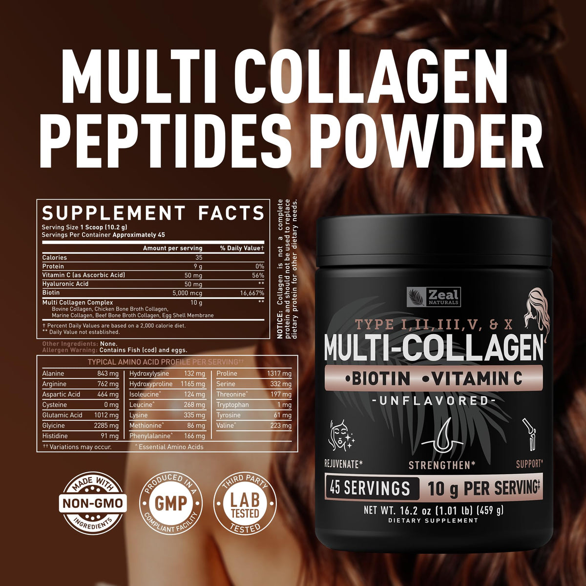 Multi Collagen Protein Peptides Powder Types I II III V X Unflavored 45 Servings N69809
