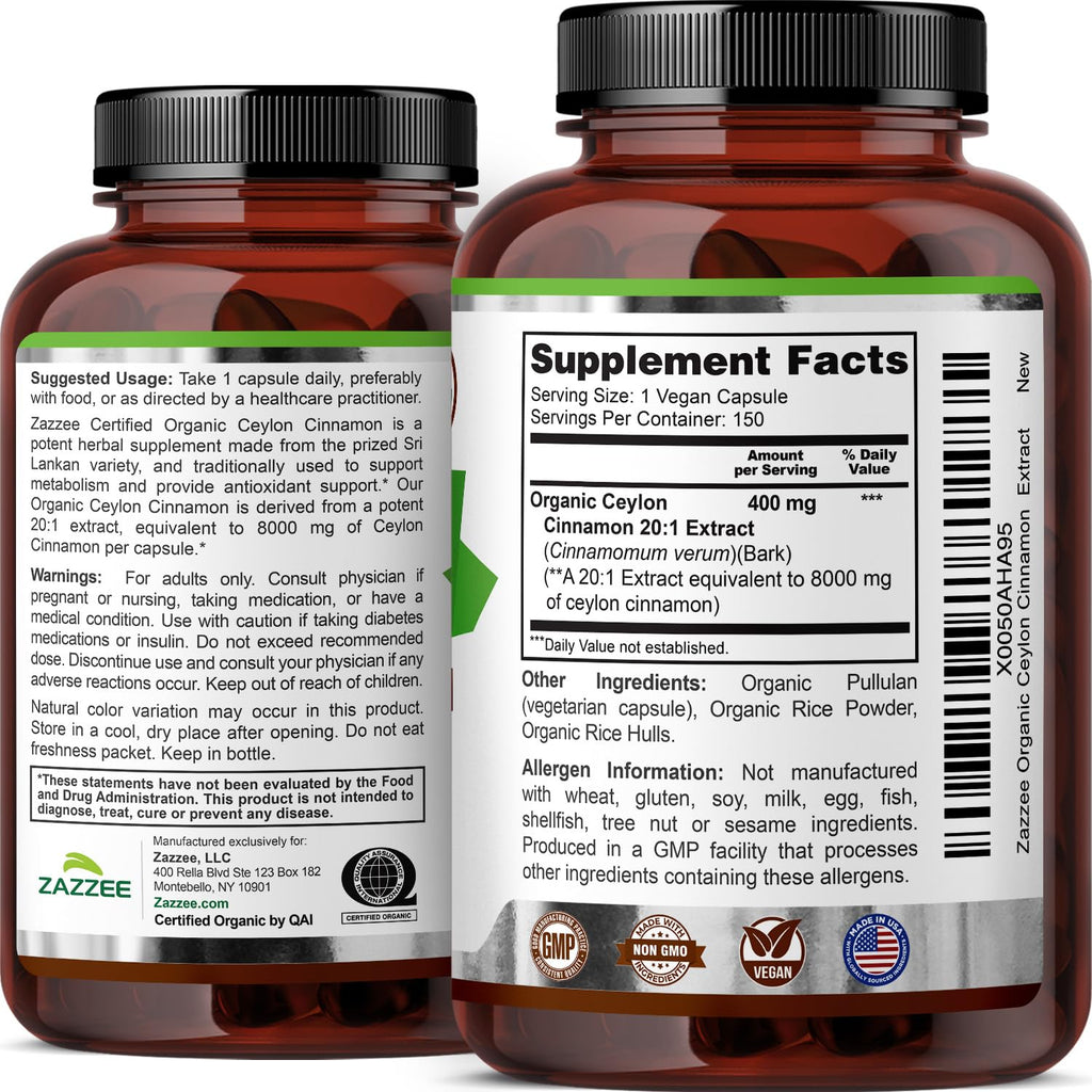 USDA Organic Ceylon Cinnamon 20:1 Extract 150 Capsules O206420