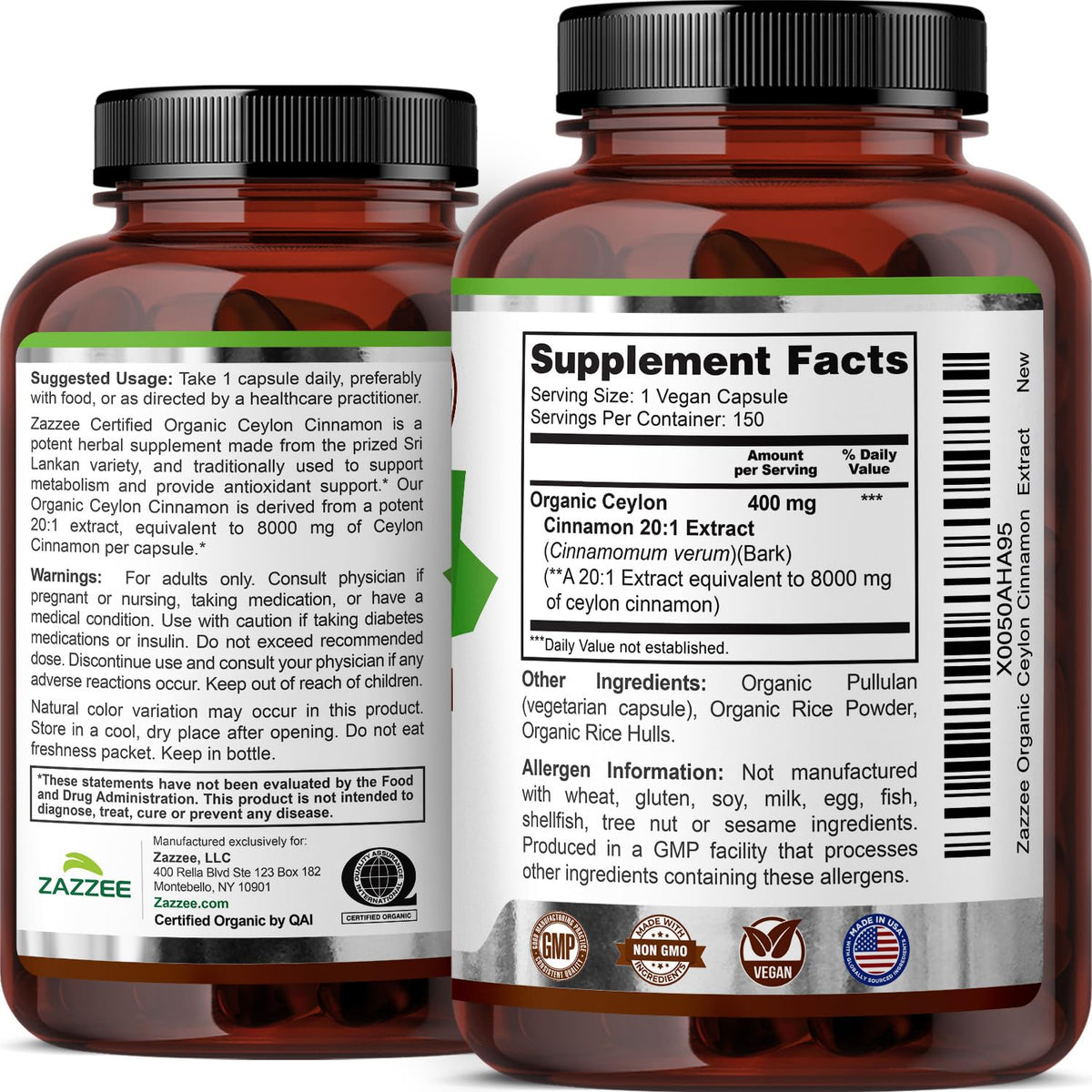 USDA Organic Ceylon Cinnamon 20:1 Extract 150 Capsules O206420