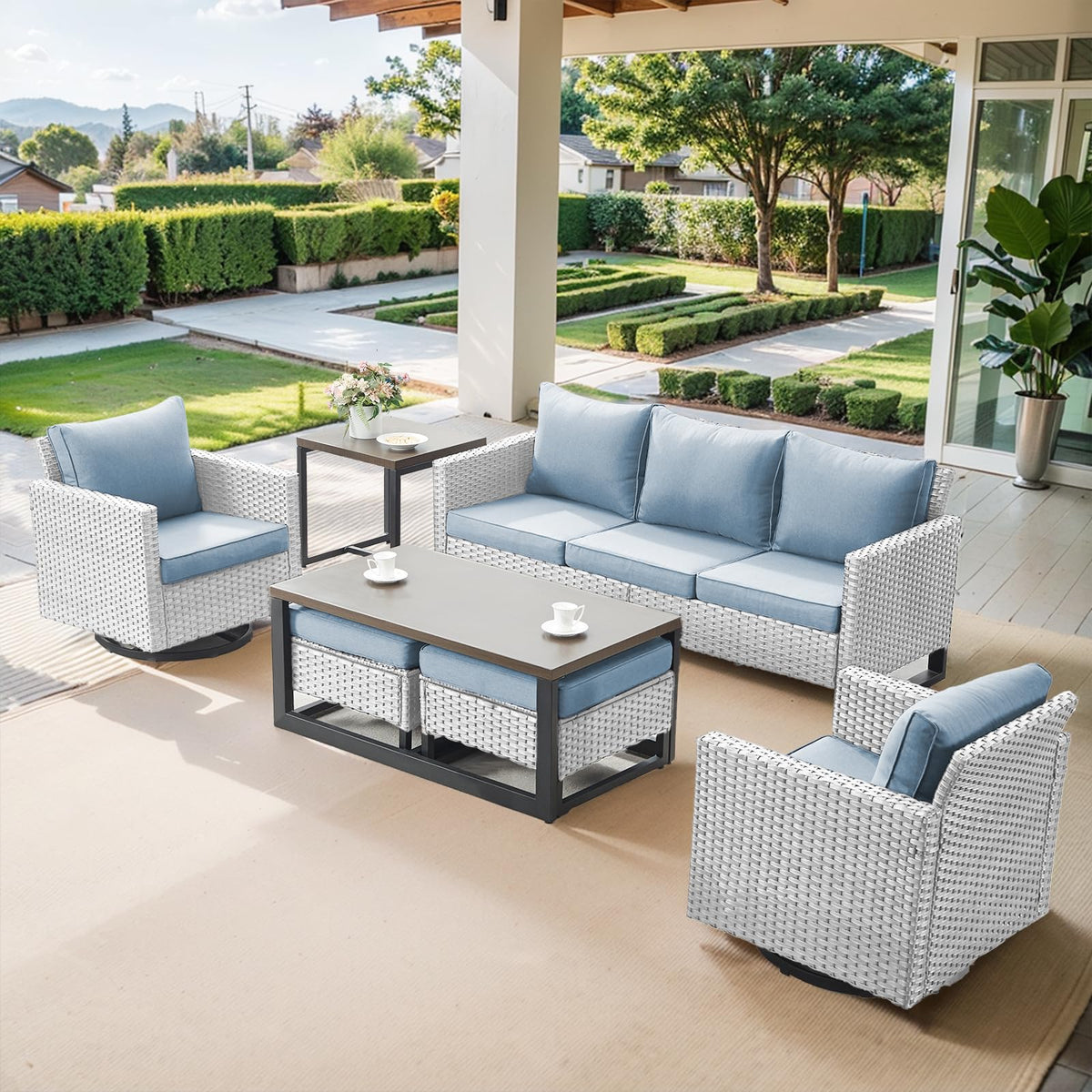 7 Piece Wicker Patio Sofa Set with Swivel Rocker Chairs and Ottomans F605339