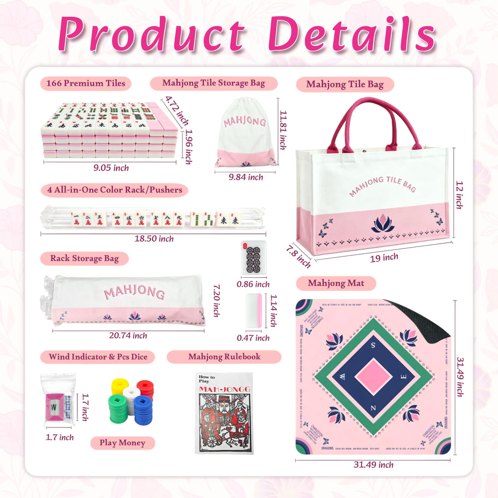 Pink Mahjong Game Set with 166 Tiles, Mat, 4 Racks and Bag U9497