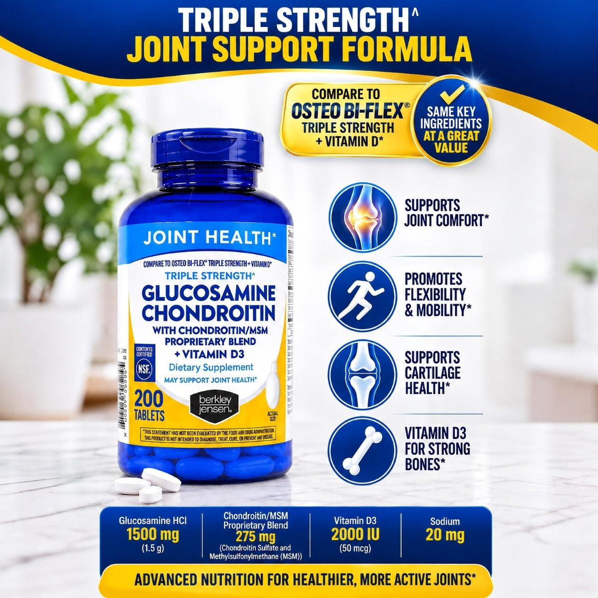 Glucosamine Chondroitin MSM D3 Joint Supplement Tablets 200 Count R89368