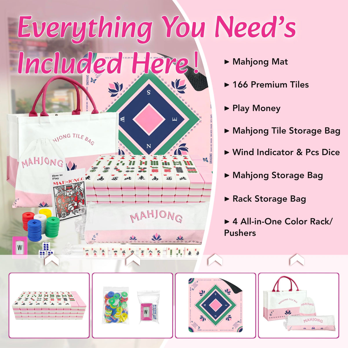 Pink Mahjong Game Set with 166 Tiles, Mat, 4 Racks and Bag U9497