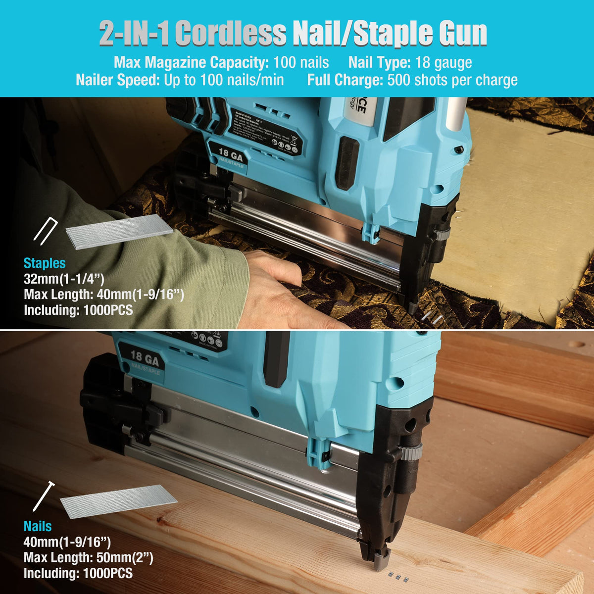 20V Cordless 18 Gauge 2-in-1 Nail Staple Gun H6873