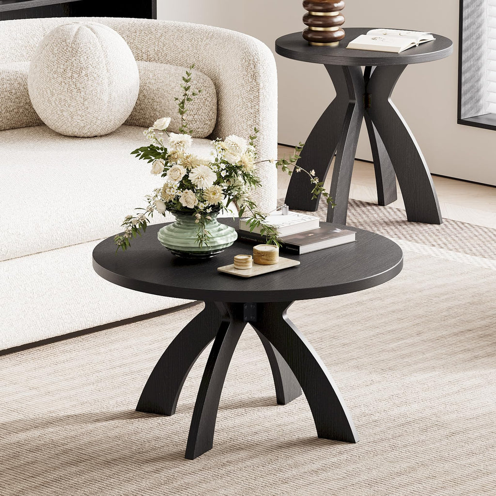31.5" Round Wood Coffee Table with Cross Legs, Black S996616