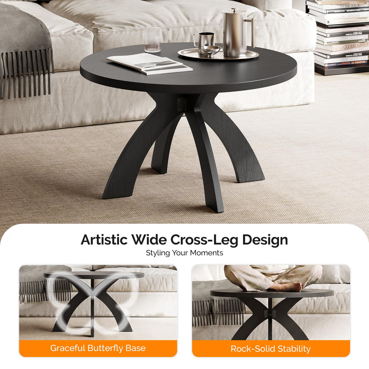 31.5" Round Wood Coffee Table with Cross Legs, Black S996616