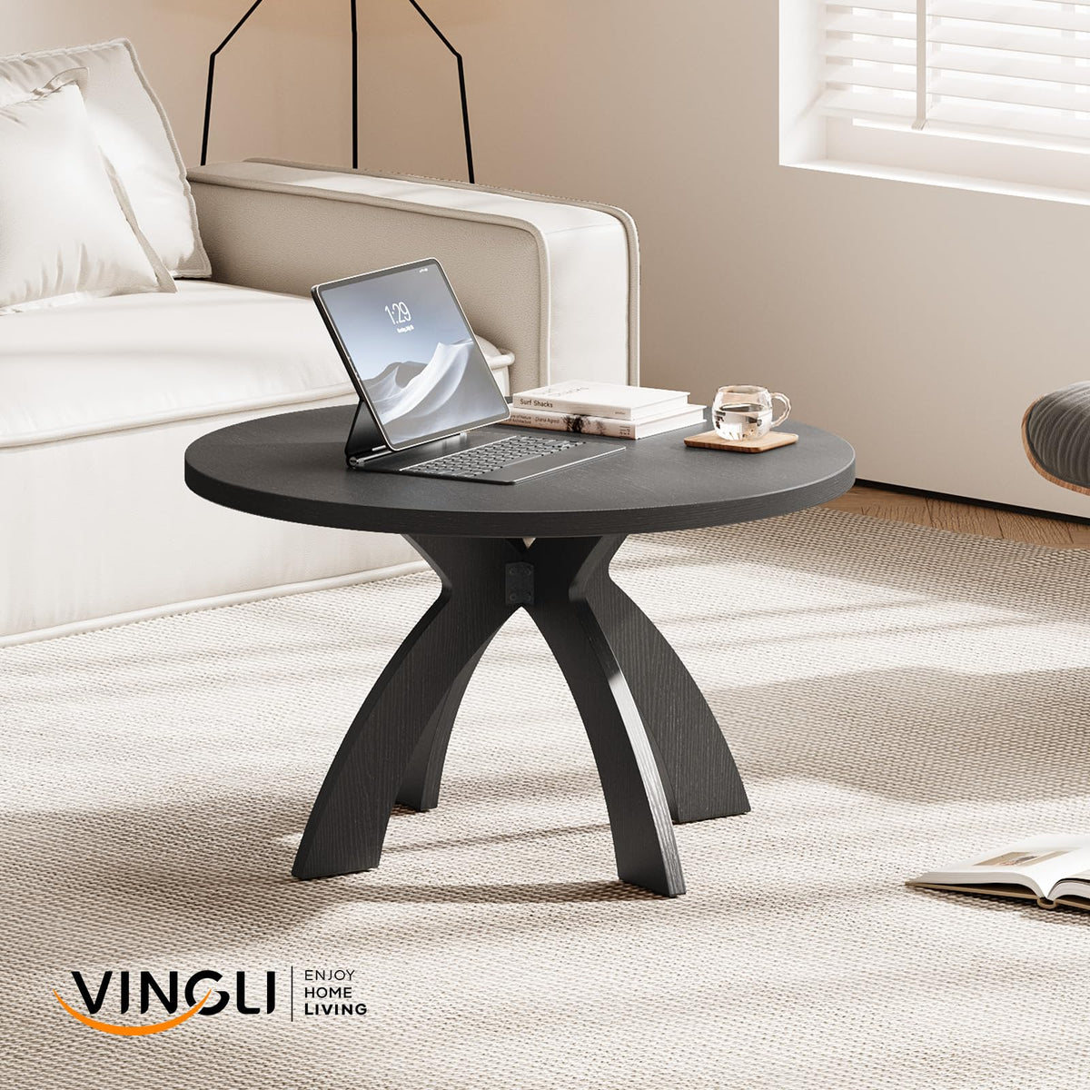 31.5" Round Wood Coffee Table with Cross Legs, Black S996616