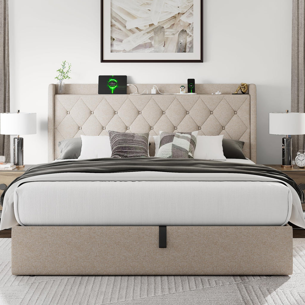 Queen Size Lift Up Storage Upholstered Bed Frame with Charging Station C13531