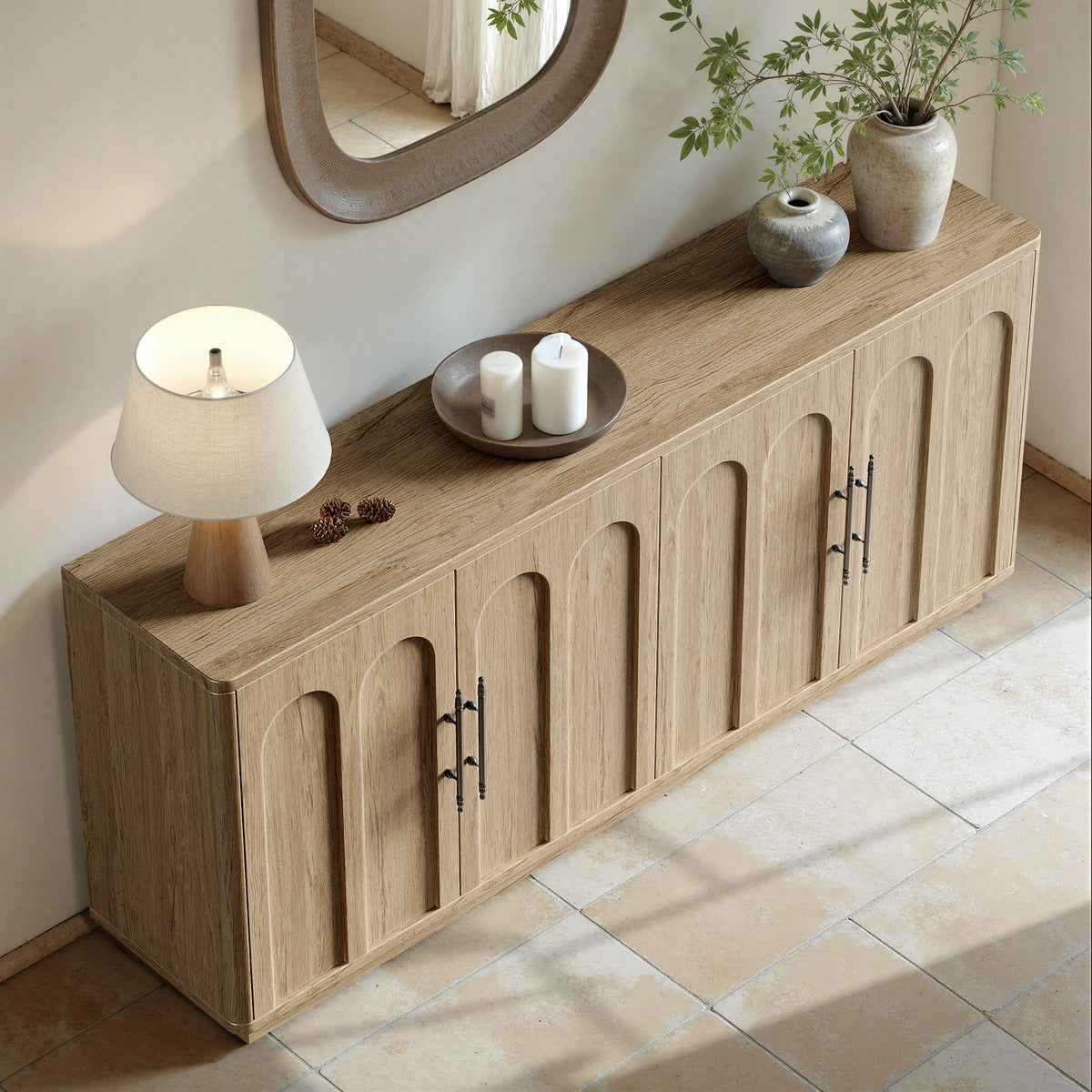 67" Arched Oak Sideboard Buffet Cabinet with Storage J83479