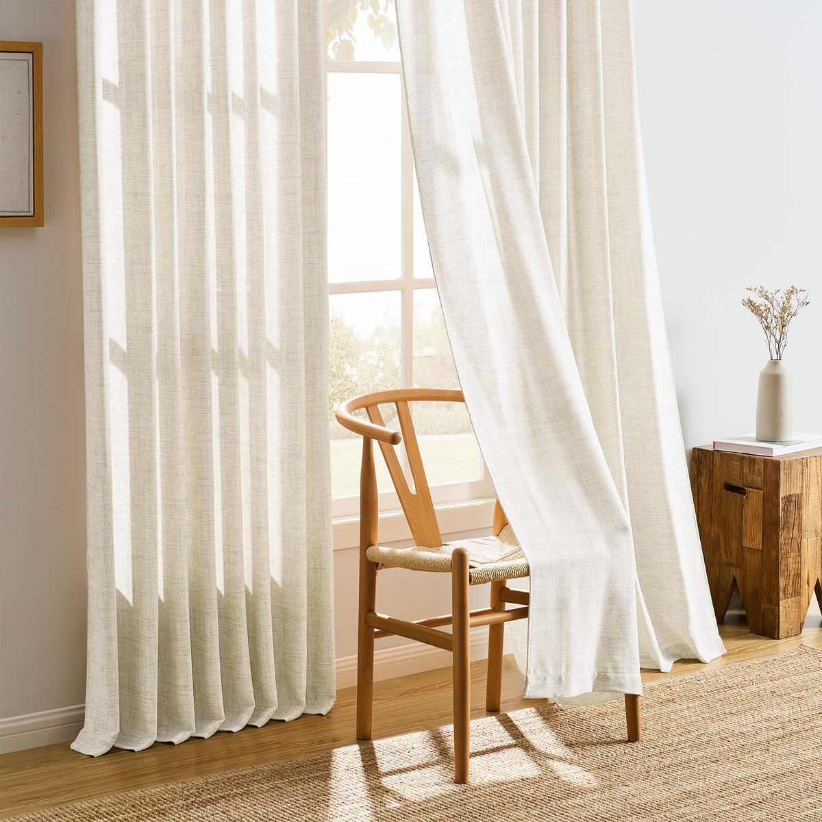 Pinch Pleated Sheer Curtains 140 Inches Long Cream Linen Textured Set of 2 D60606