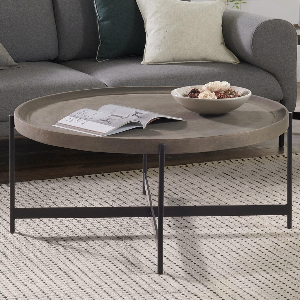 42-Inch Round Concrete-Coated Wood Coffee Table with Tray Top V353049