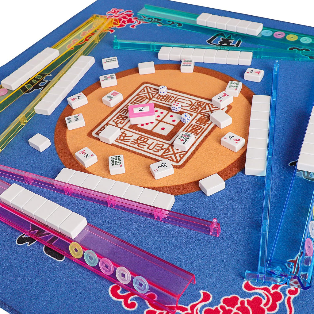 American Mahjong Game Set, 166 White Tiles, 4 Color Rack/Pushers, Blue Carrying Bag Y5454