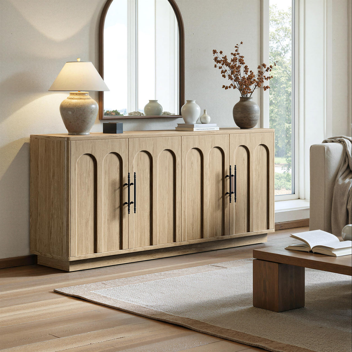 67" Arched Oak Sideboard Buffet Cabinet with Storage J83479