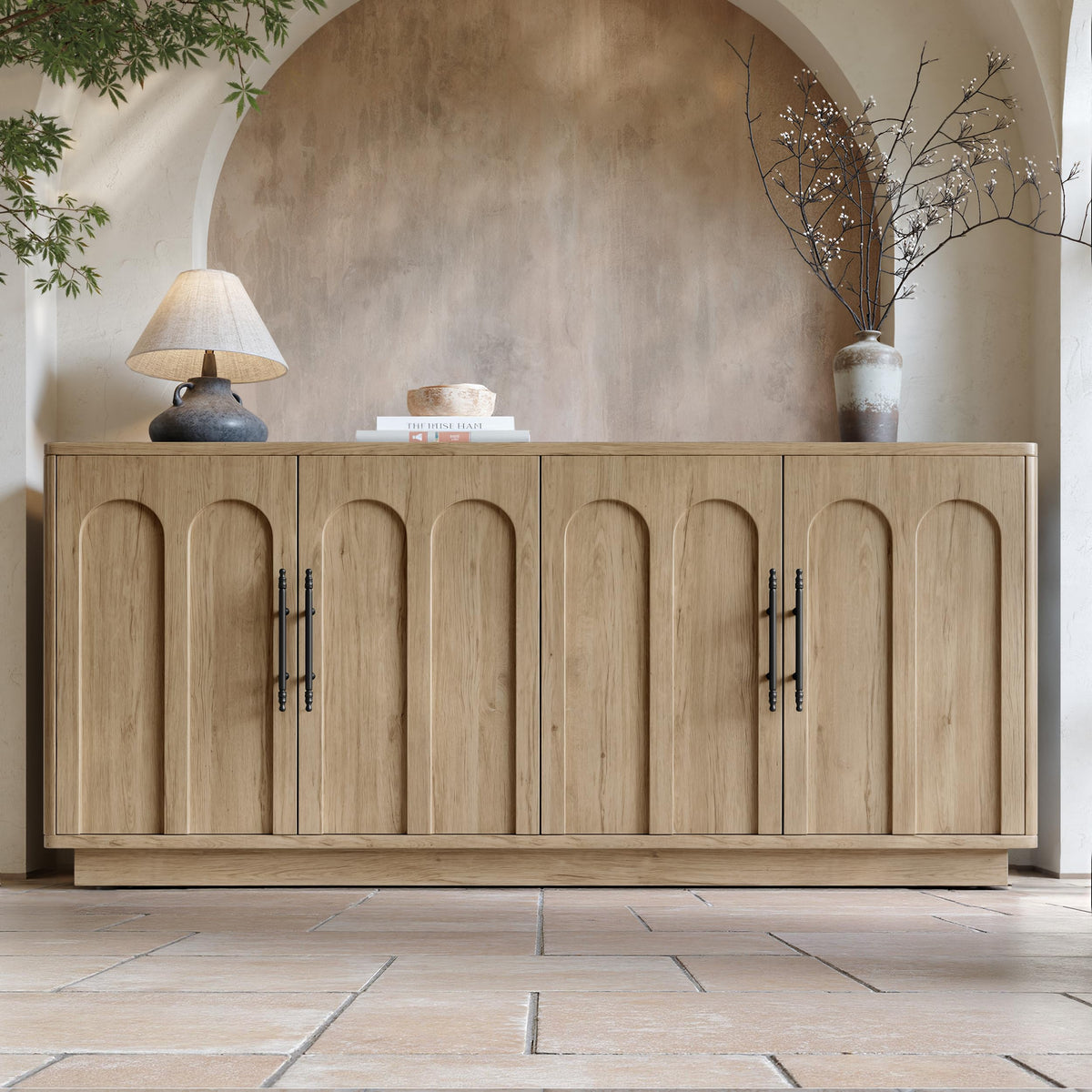 67" Arched Oak Sideboard Buffet Cabinet with Storage J83479