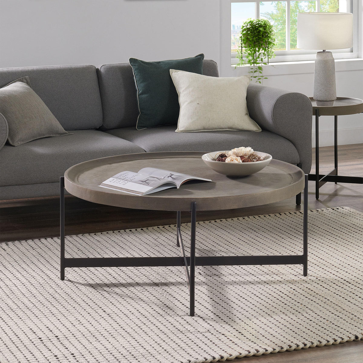 42-Inch Round Concrete-Coated Wood Coffee Table with Tray Top V353049