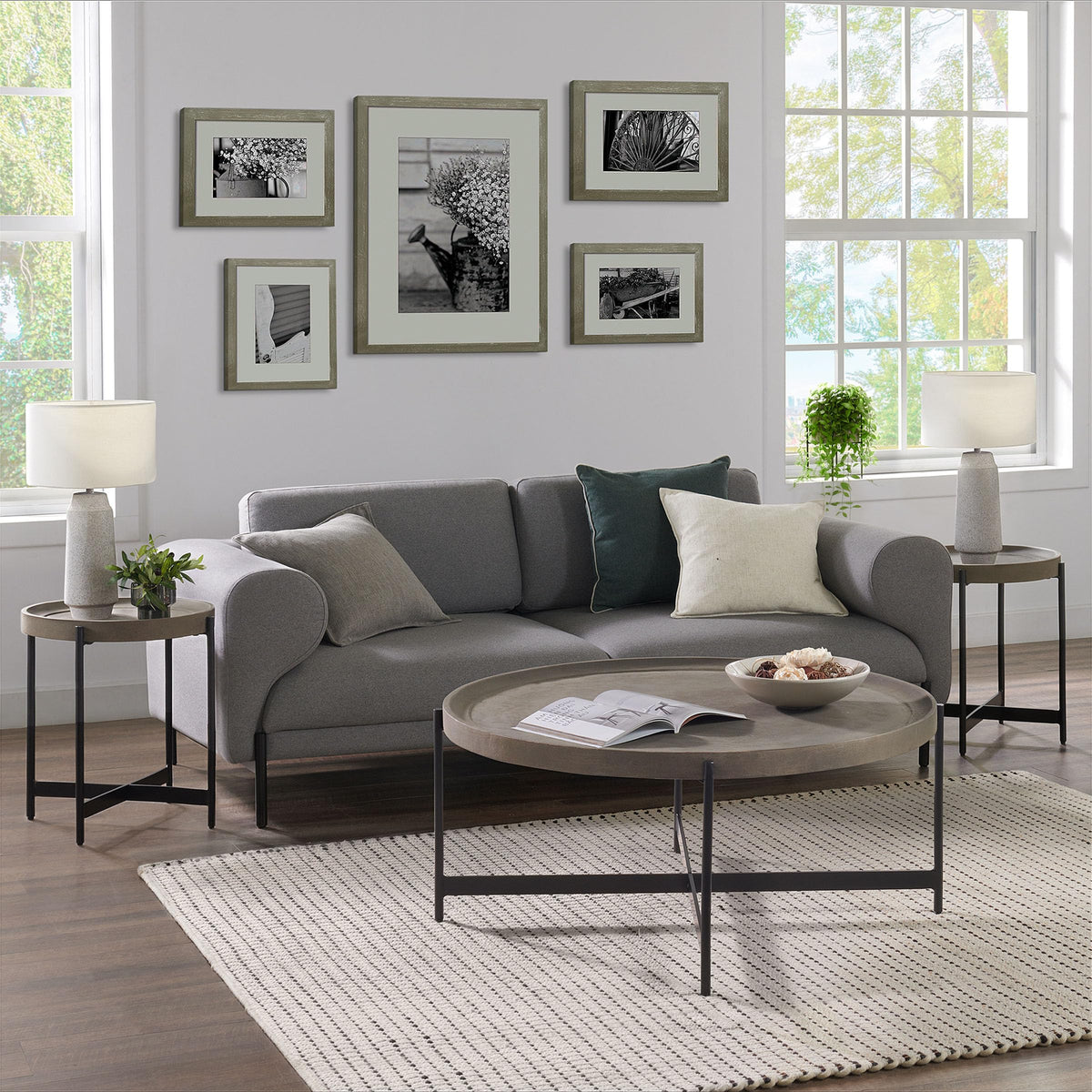 42-Inch Round Concrete-Coated Wood Coffee Table with Tray Top V353049