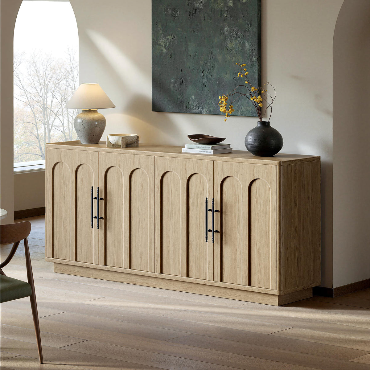 67" Arched Oak Sideboard Buffet Cabinet with Storage J83479